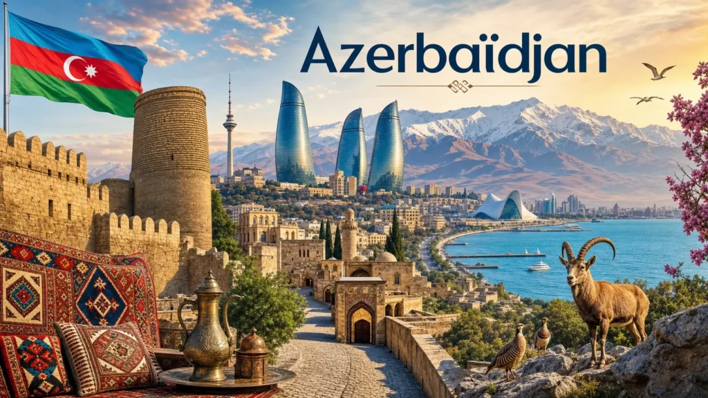 Illustration de l’Azerbaïdjan avec monuments emblématiques, drapeau et paysage en format panorama
