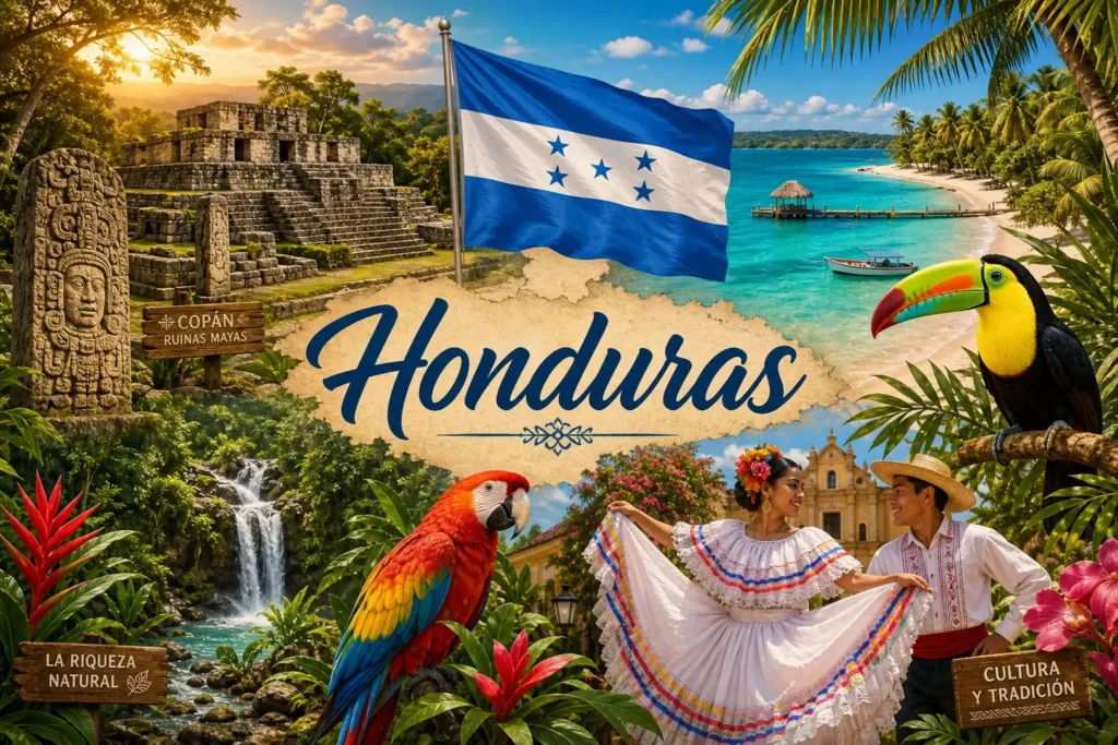 Illustration du Honduras avec monuments, nature tropicale, drapeau et nom du pays en format paysage
