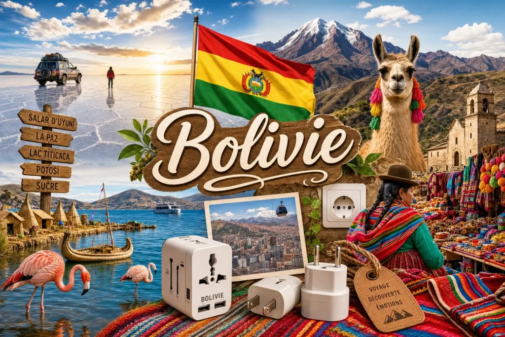 Illustration de la Bolivie avec le Salar d'Uyuni, un lama, des paysages andins et le drapeau bolivien, représentant les prises électriques et adaptateurs du pays
