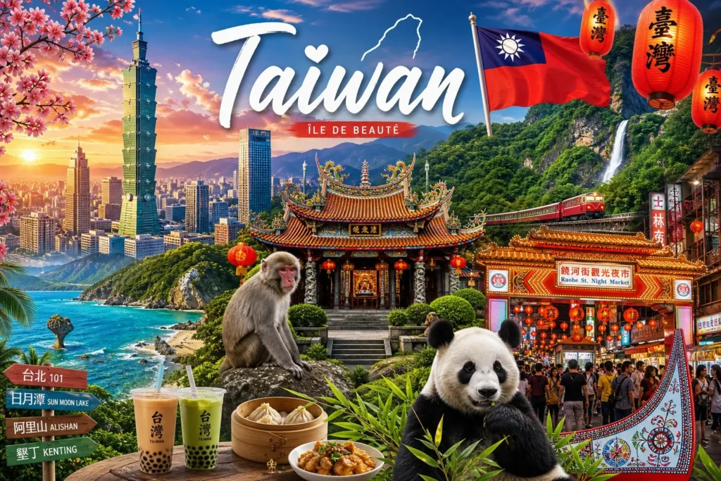 Illustration de Taïwan avec Taipei 101, temples, paysages naturels et drapeau taïwanais en format paysage
