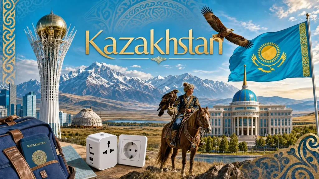 Illustration du Kazakhstan avec monuments, steppe, aigle, drapeau et indication des prises électriques et adaptateurs