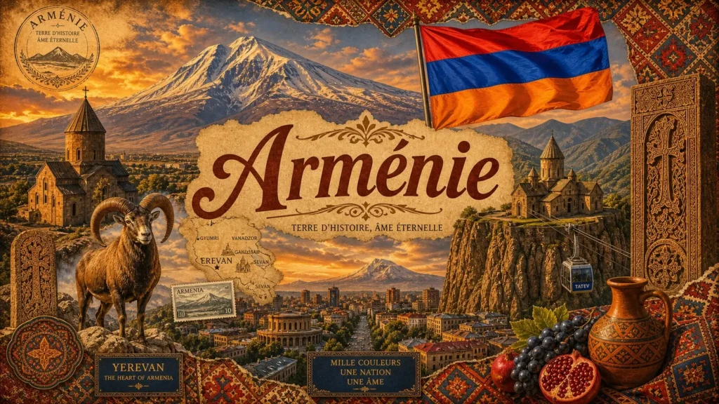 Illustration de l’Arménie avec le mont Ararat, des monastères, la ville d’Erevan et le drapeau arménien, dans un style collage coloré de voyage