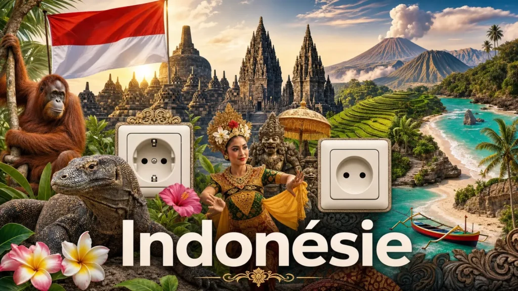 Illustration de l’Indonésie avec monuments, paysages tropicaux, animaux emblématiques et drapeau, représentant les prises électriques et adaptateurs du pays