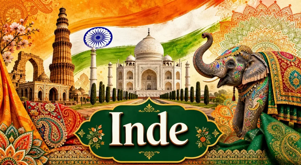 Illustration de l’Inde avec Taj Mahal, éléphant, motifs traditionnels et drapeau indien, représentant les prises électriques et adaptateurs en Inde
