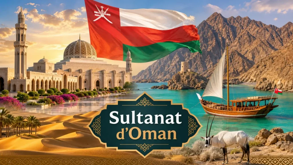 Illustration du Sultanat d’Oman avec mosquée, désert, bateau traditionnel, montagnes et drapeau, avec le texte Sultanat d’Oman
