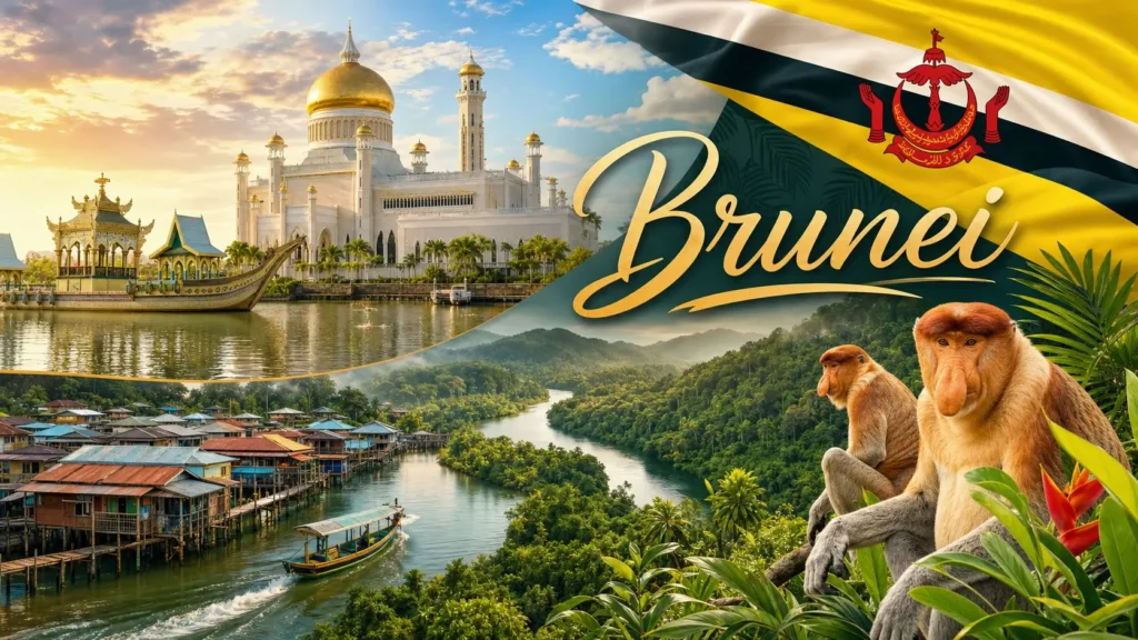 Illustration du Brunei avec mosquée Sultan Omar Ali Saifuddien, jungle tropicale, singes nasiques et drapeau du pays avec le nom Brunei

