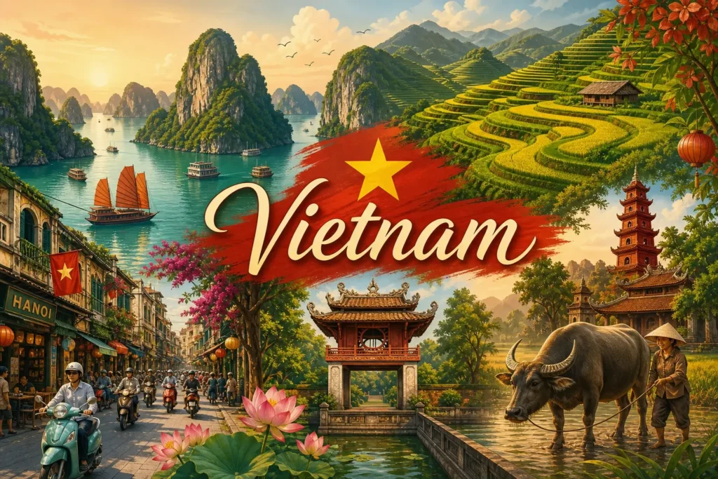 Illustration du Vietnam avec monuments emblématiques, rizières, baie d’Ha Long et drapeau vietnamien, pour guide des prises électriques
