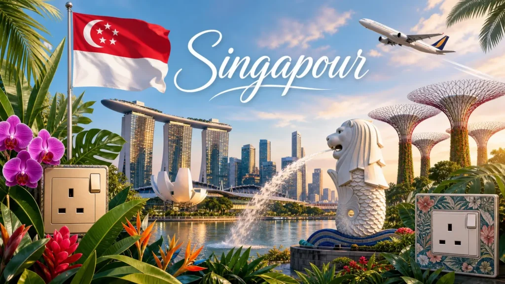 Illustration de Singapour avec skyline, Merlion, drapeau national et prises électriques de type G en format paysage

