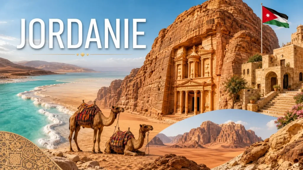 Illustration de la Jordanie avec Petra, désert du Wadi Rum, drapeau jordanien et nom du pays en image de couverture