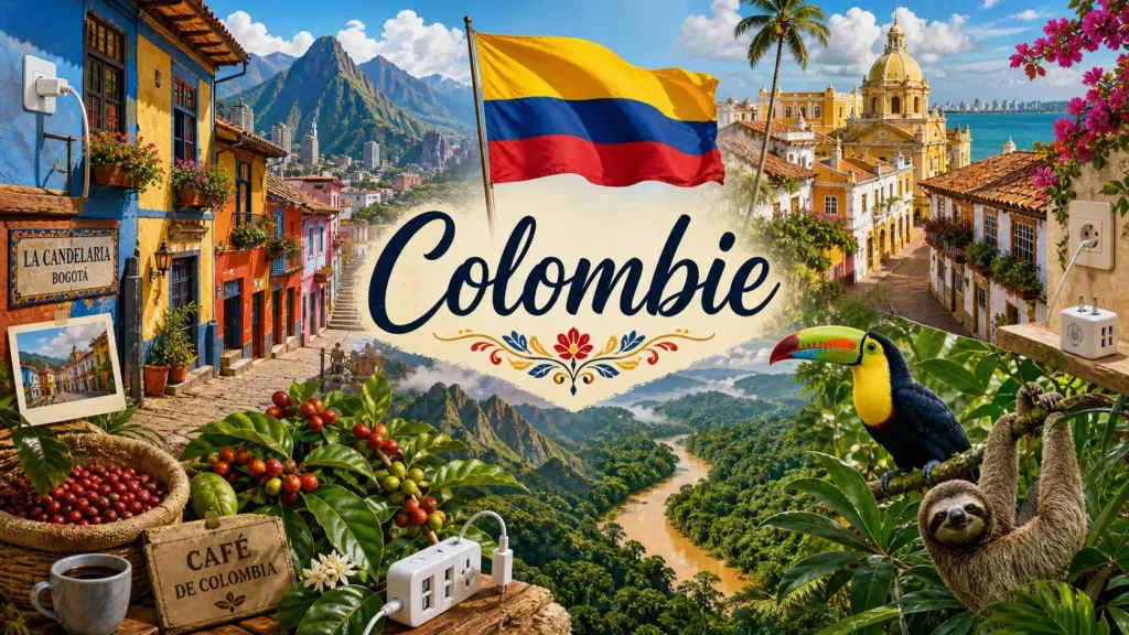 Illustration de la Colombie avec monuments, jungle, animaux, drapeau et prises électriques en format paysage