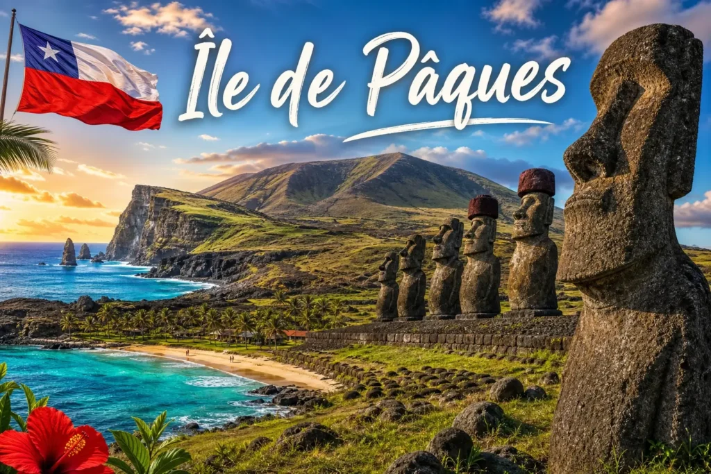 Illustration de l’Île de Pâques avec statues Moai, paysages volcaniques et drapeau du Chili, représentant les prises électriques et adaptateurs du pays