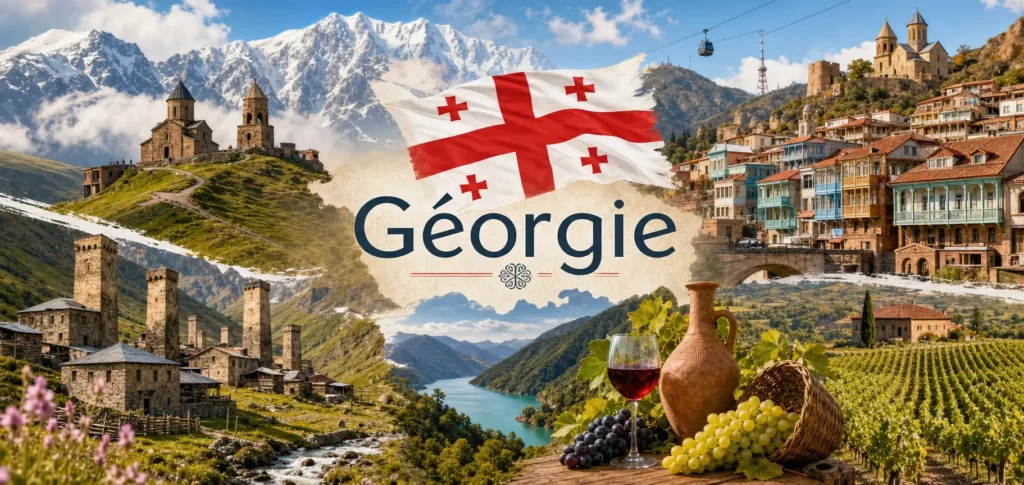 Illustration de la Géorgie avec monuments emblématiques, montagnes du Caucase et drapeau géorgien, pour une page sur les prises électriques et adaptateurs