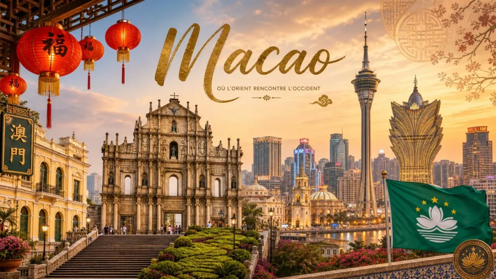 Illustration de Macao avec monuments emblématiques, lanternes chinoises et drapeau, utilisée comme image de couverture pour un guide sur les prises électriques et adaptateurs à Macao.
