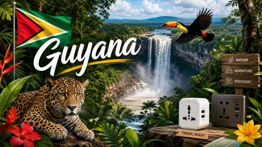Illustration de la Guyana avec forêt tropicale, chutes de Kaieteur, animaux exotiques, drapeau national et prises électriques
