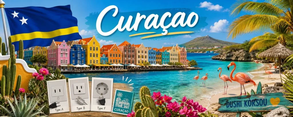 Illustration de Curaçao avec Willemstad, plage tropicale, flamants roses, drapeau et types de prises électriques utilisées sur l’île

