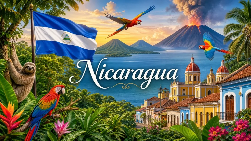 Illustration du Nicaragua avec volcan, lac, faune tropicale et drapeau, indiquant les prises électriques du pays
