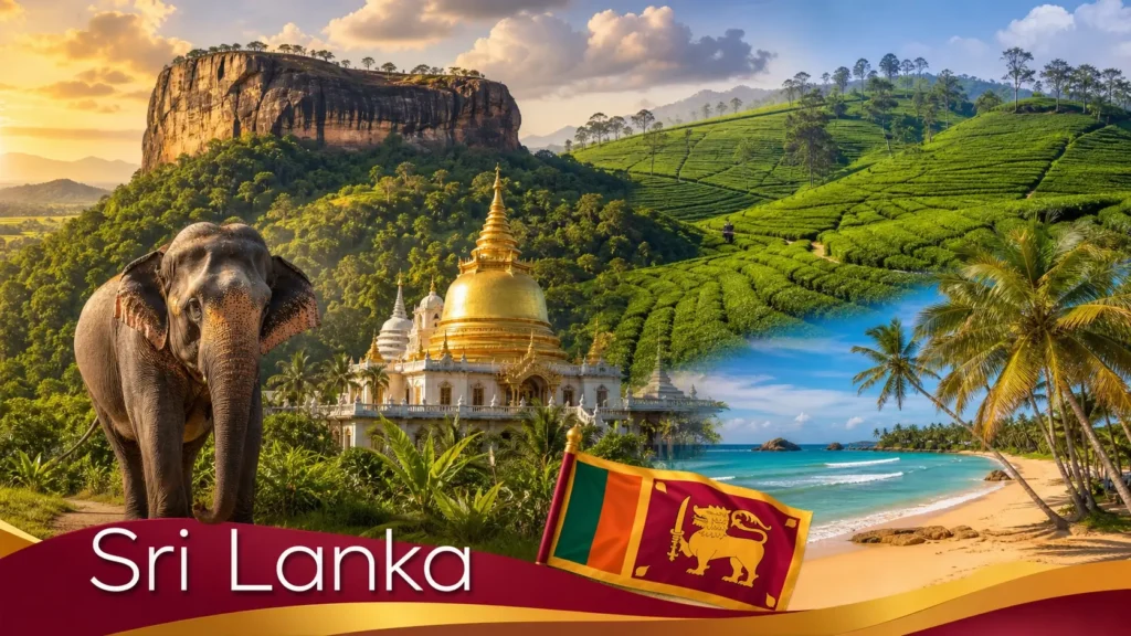 Illustration du Sri Lanka avec monuments emblématiques, éléphant, plantations de thé et drapeau, avec le nom du pays intégré dans l’image
