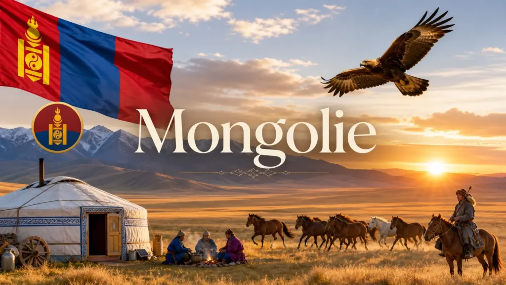 Paysage de Mongolie avec yourte, chevaux, montagnes et drapeau mongol, illustration pour guide des prises électriques et adaptateurs