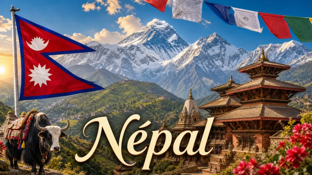 Illustration du Népal avec montagnes de l’Himalaya, temples, drapeau népalais et paysages typiques en format paysage
