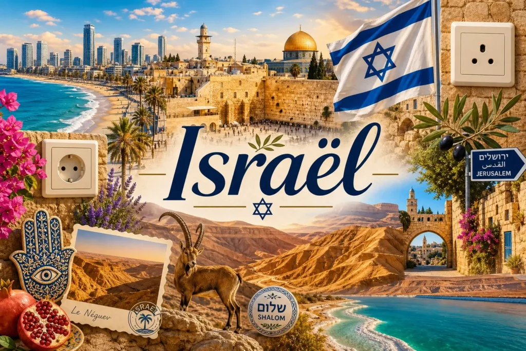 Illustration d’Israël avec monuments emblématiques, drapeau israélien et types de prises électriques utilisés dans le pays
