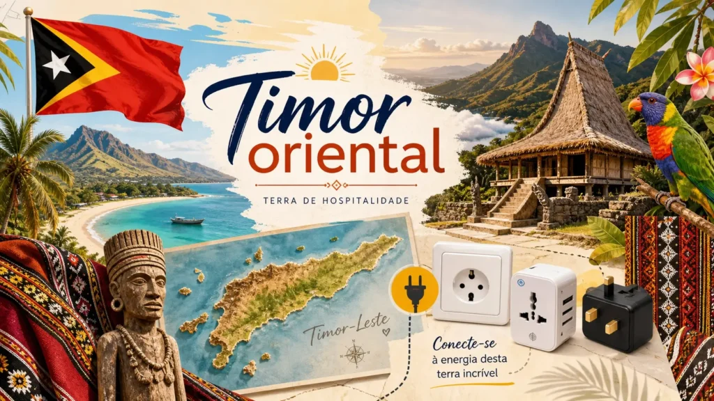 Illustration du Timor oriental avec paysages tropicaux, motifs traditionnels, drapeau et prises électriques pour illustrer les adaptateurs nécessaires dans le pays
