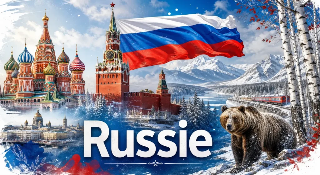 Illustration de la Russie avec monuments emblématiques, paysages enneigés, ours brun et drapeau russe, avec le texte Russie, pour un guide sur les prises électriques et adaptateurs