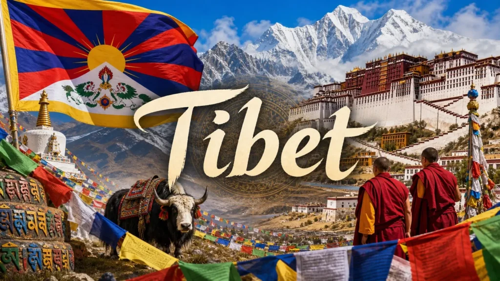 Illustration du Tibet avec le palais du Potala, montagnes de l’Himalaya, yak, drapeau tibétain et texte Tibet
