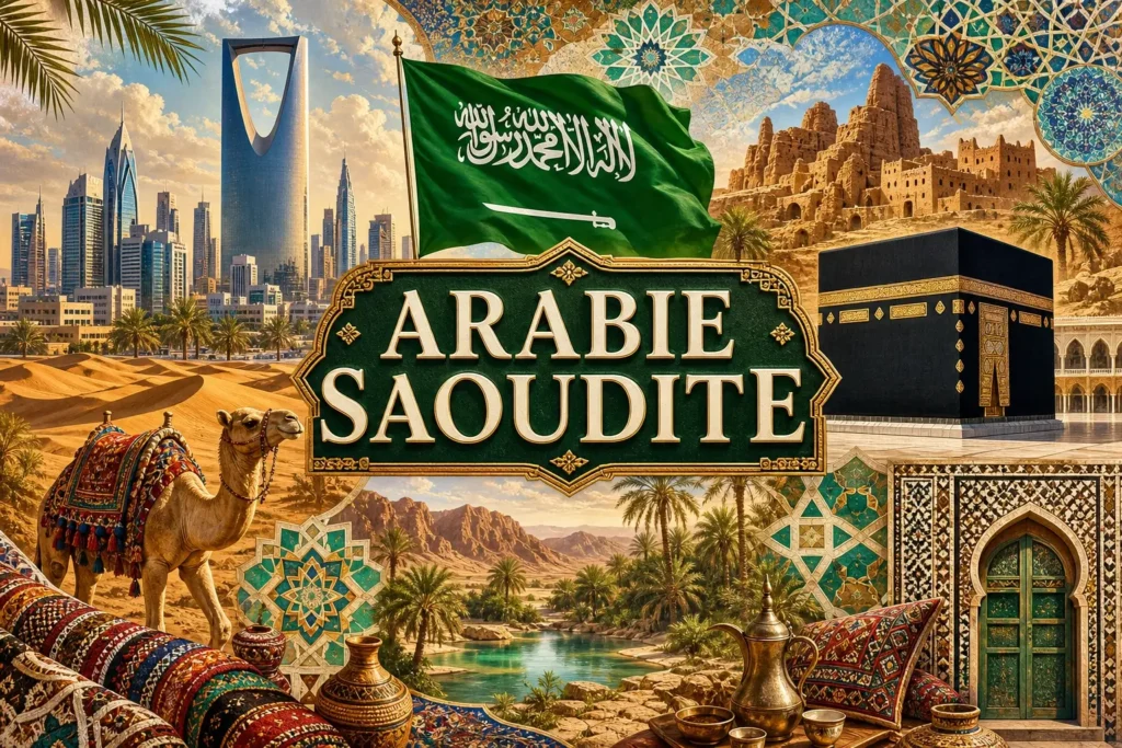 Illustration de l’Arabie Saoudite avec désert, chameaux, architecture moderne et traditionnelle, motifs islamiques et drapeau saoudien, avec le nom du pays intégré