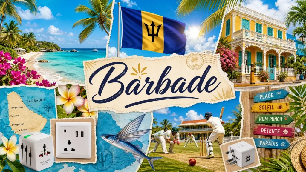 Illustration de la Barbade avec drapeau, paysages tropicaux et prises électriques pour voyage
