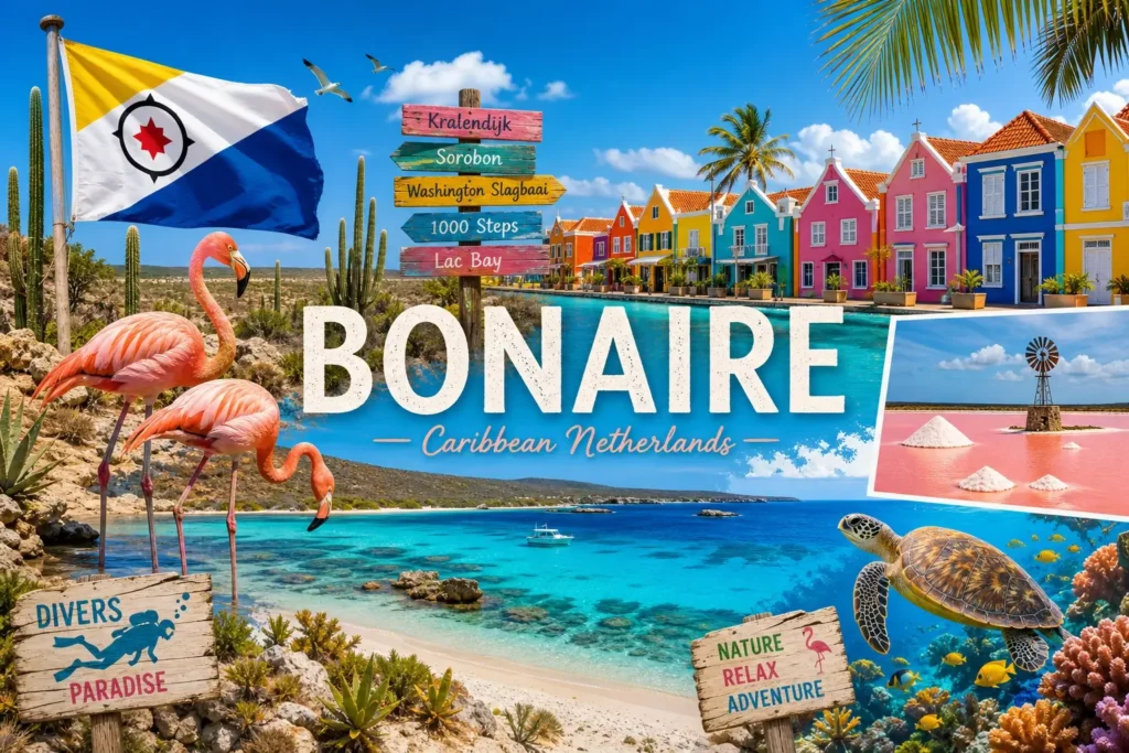 Illustration de Bonaire avec flamants roses, paysages tropicaux, drapeau et nom du pays pour les prises électriques et adaptateurs
