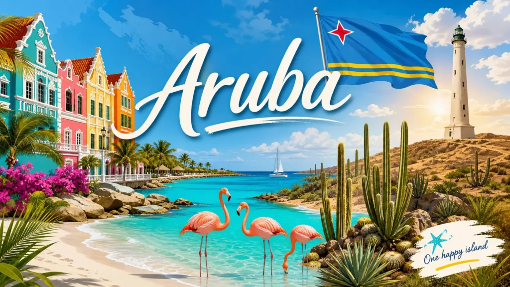Illustration d’Aruba avec plages tropicales, flamants roses, monuments emblématiques et drapeau, représentant la destination pour les prises électriques
