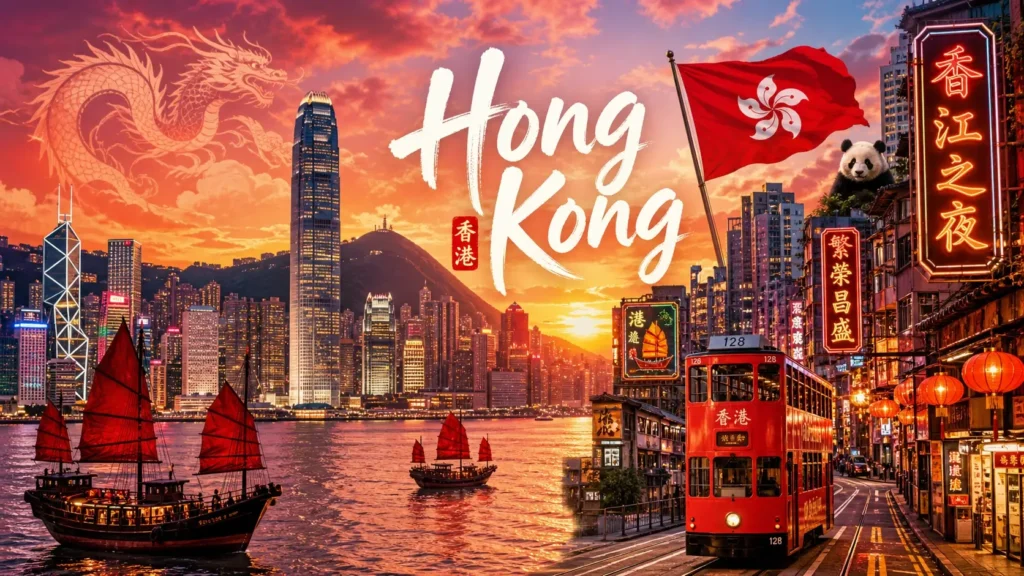 Illustration de Hong Kong avec skyline, jonques, drapeau et nom du pays pour illustrer les prises électriques et adaptateurs
