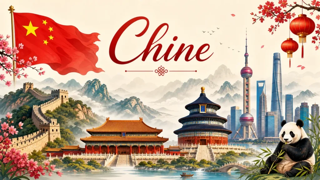 Illustration de la Chine avec monuments célèbres, panda et drapeau chinois, pour guide des prises électriques en Chine