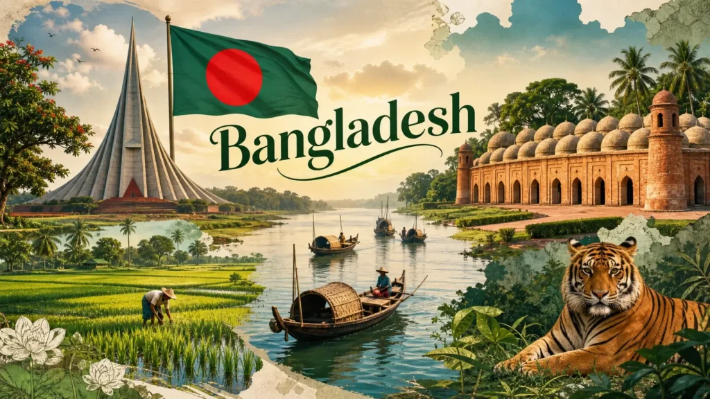 Illustration du Bangladesh avec monuments emblématiques, paysages de rizières, tigre du Bengale et drapeau national, avec le nom Bangladesh intégré dans l’image