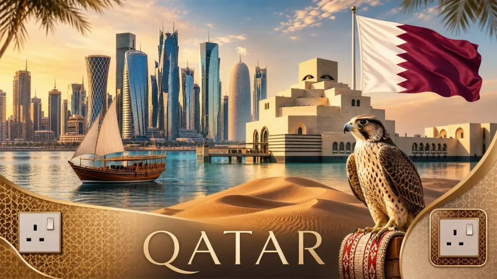 Illustration du Qatar avec skyline de Doha, désert, drapeau qatari et prises électriques de type G