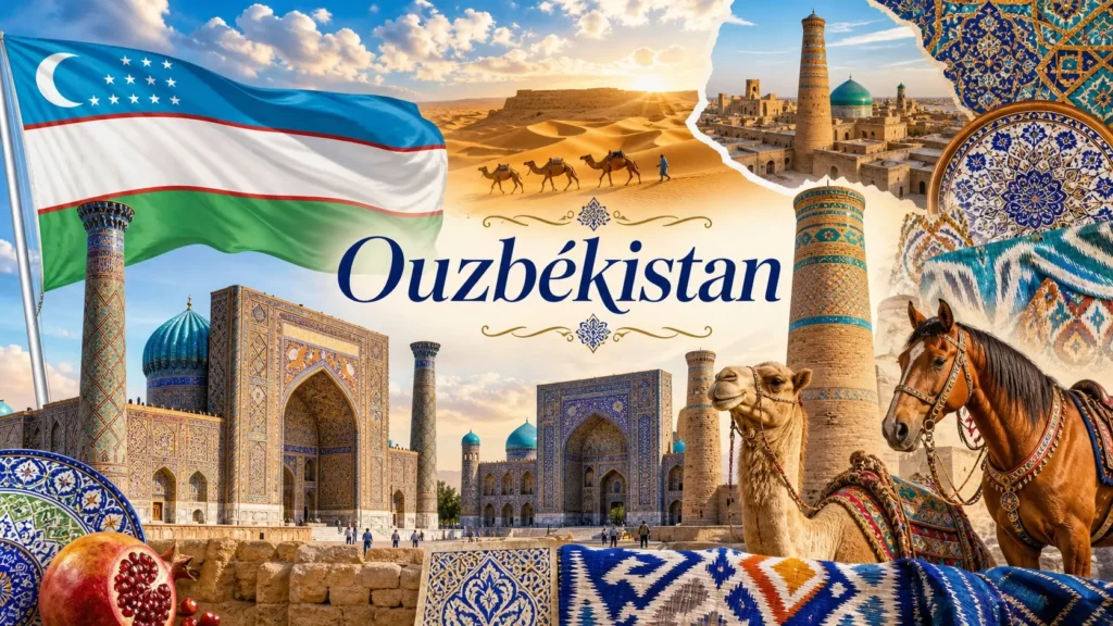 Illustration de l’Ouzbékistan avec monuments de Samarcande, désert, motifs traditionnels et drapeau ouzbek, image de couverture sur les prises électriques
