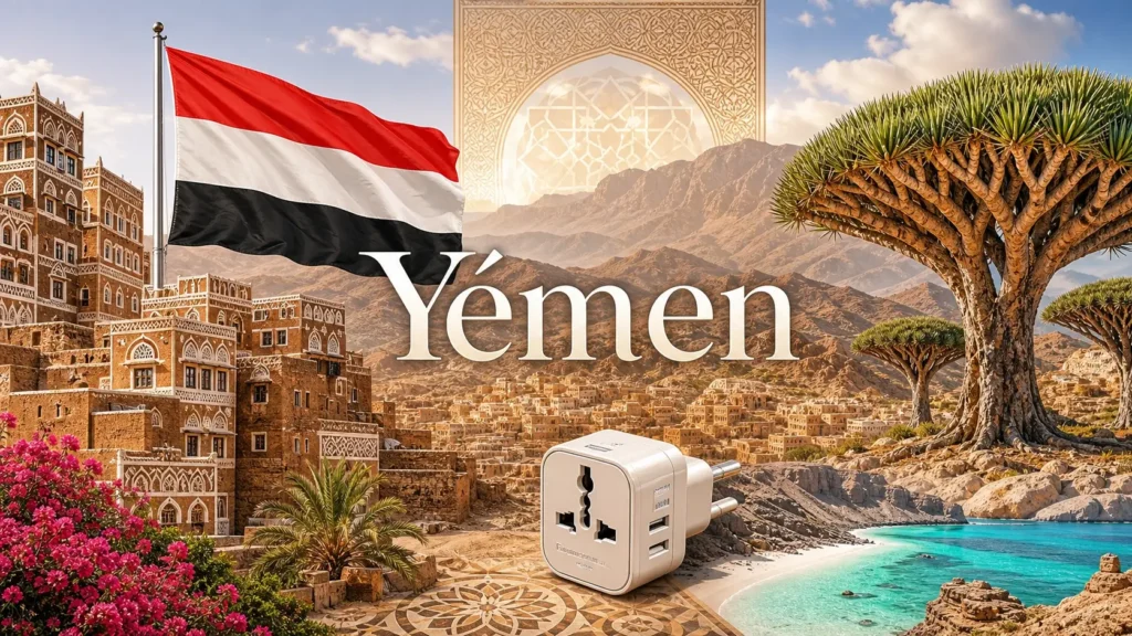 Illustration du Yémen avec la vieille ville de Sanaa, l’île de Socotra, le drapeau yéménite et des éléments liés aux prises électriques
