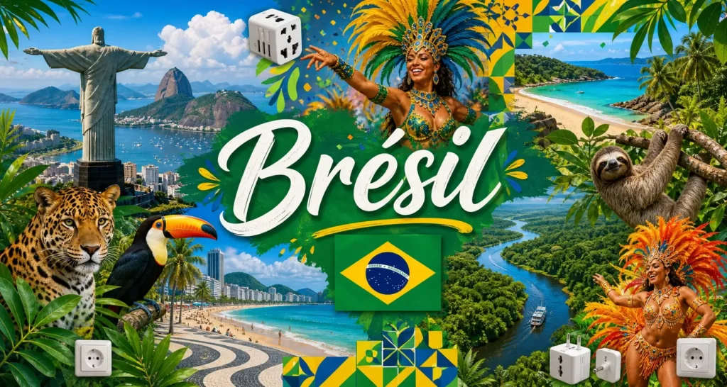 Illustration du Brésil avec le Christ Rédempteur, la jungle amazonienne, des animaux tropicaux, le drapeau brésilien et des prises électriques internationales