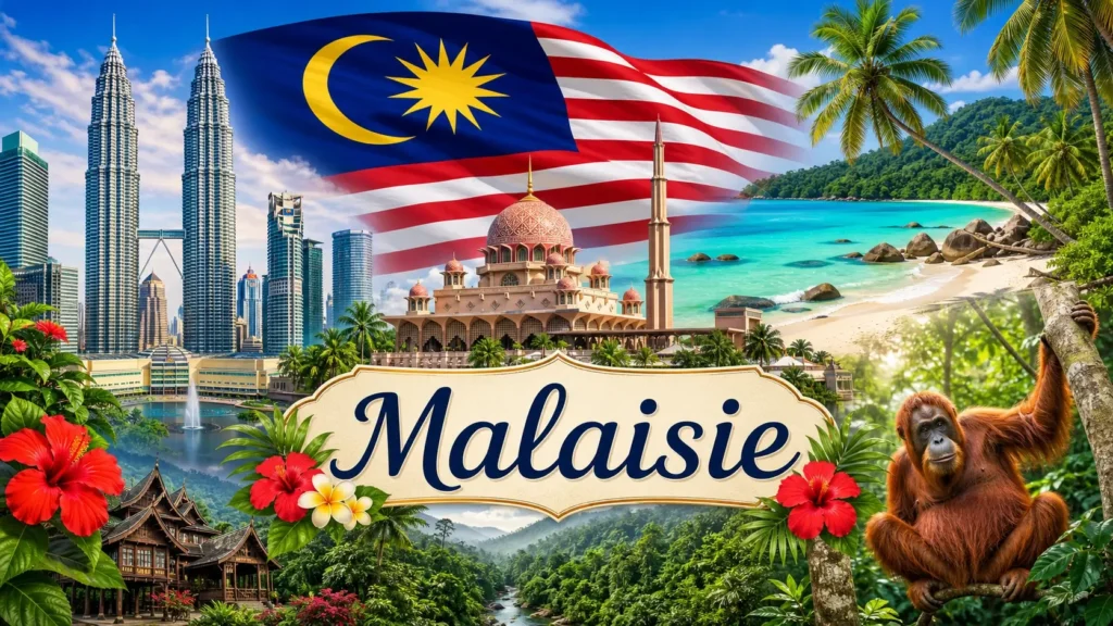Illustration de la Malaisie avec les tours Petronas, un orang-outan, une plage tropicale et le drapeau malaisien, avec le texte Malaisie