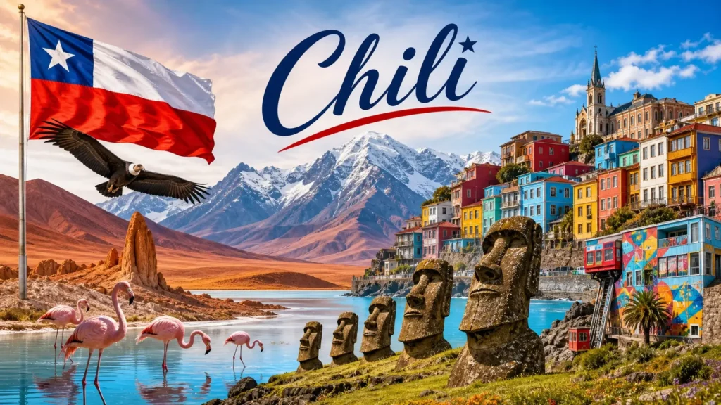 Illustration du Chili avec monuments emblématiques, drapeau chilien et paysages iconiques en format paysage
