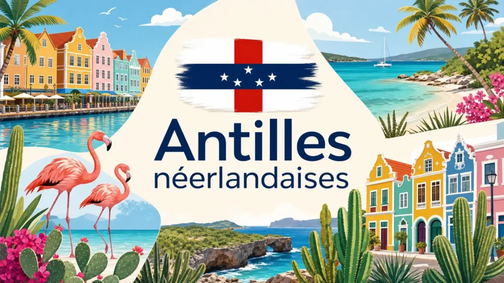 Illustration des Antilles néerlandaises avec plages tropicales, flamants roses, maisons colorées et drapeau, pour un guide des prises électriques et adaptateurs
