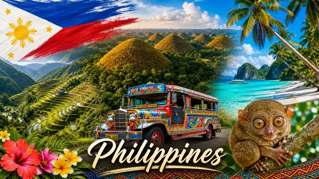 Illustration des Philippines avec monuments emblématiques, plage tropicale, tarsier et drapeau, avec le nom du pays