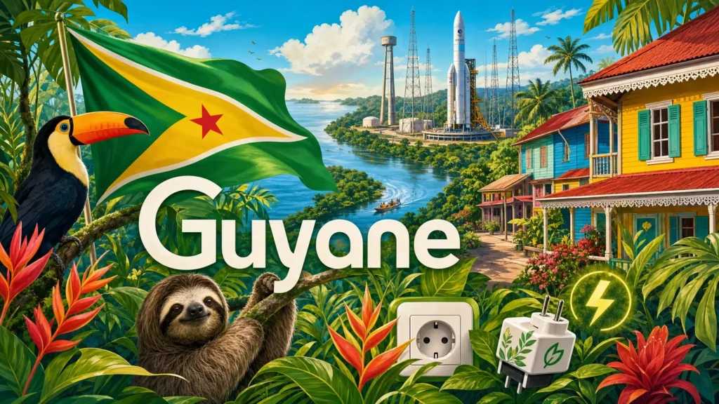 Illustration de la Guyane avec forêt amazonienne, animaux tropicaux, fusée du centre spatial, drapeau et informations sur les prises électriques

