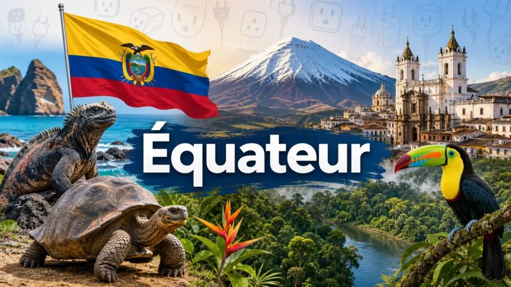 Illustration de l’Équateur avec ses monuments, animaux emblématiques, le drapeau national et des prises électriques en arrière-plan

