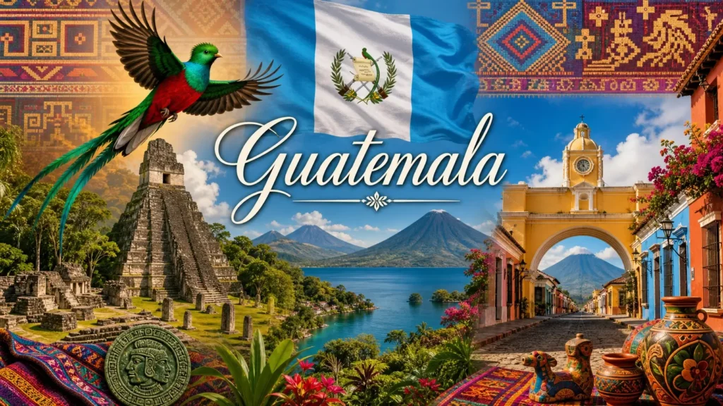 Illustration du Guatemala avec temples mayas, lac Atitlán, quetzal, drapeau et nom du pays, représentant les prises électriques et adaptateurs nécessaires
