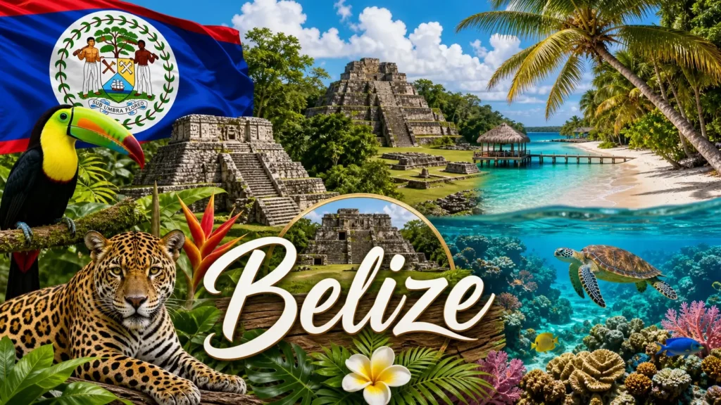 Illustration du Belize avec monuments mayas, animaux tropicaux, drapeau et paysage exotique en image de couverture