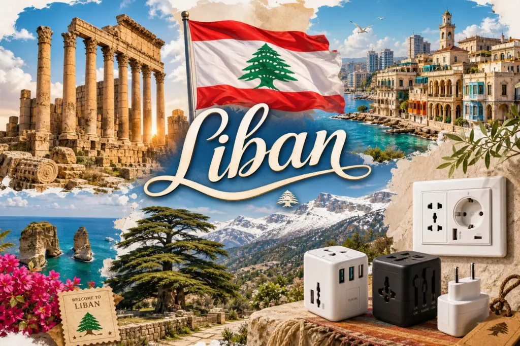 Illustration du Liban avec monuments emblématiques, cèdres, drapeau libanais et éléments de prises électriques en format paysage