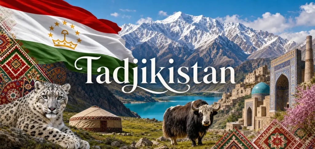 Illustration du Tadjikistan avec montagnes du Pamir, motifs traditionnels, animaux locaux et drapeau, avec le nom du pays intégré dans l’image
