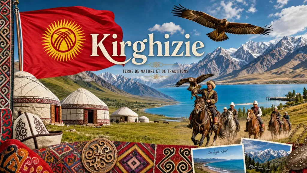 Illustration de la Kirghizie avec montagnes du Tian Shan, yourtes, aigle et drapeau kirghiz, avec le nom du pays intégré