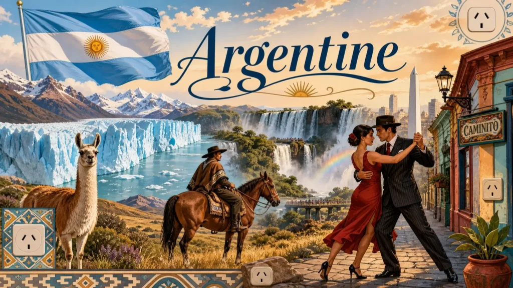 Illustration de l’Argentine avec monuments emblématiques, drapeau argentin et informations sur les prises électriques type I
